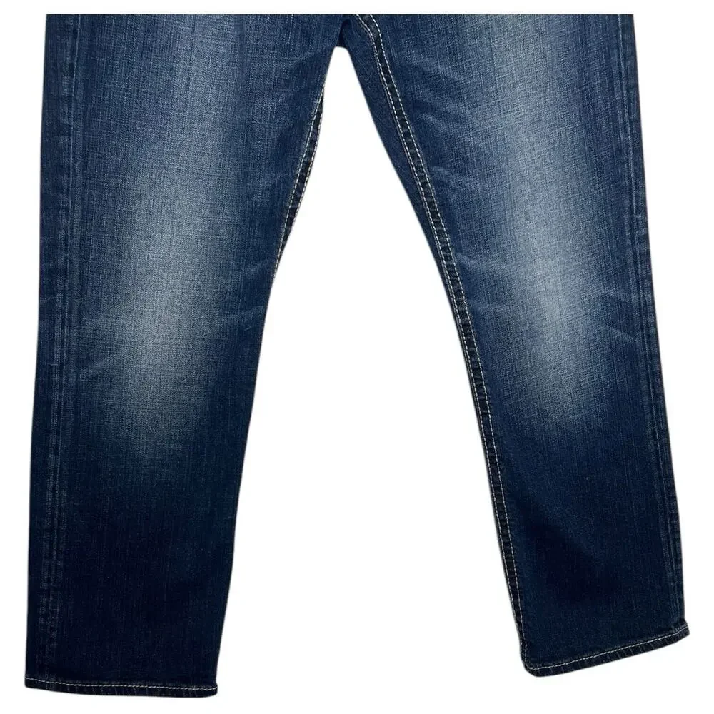 BKE Buckle Jeans Mens 33 Short Ryan Straight Embroidered Wiskering AVM3007 Blue